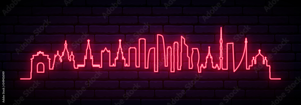 Fototapeta premium Red neon skyline of Moscow city. Bright Moscow long banner. Vector illustration.