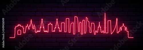 Red neon skyline of Moscow city. Bright Moscow long banner. Vector illustration.