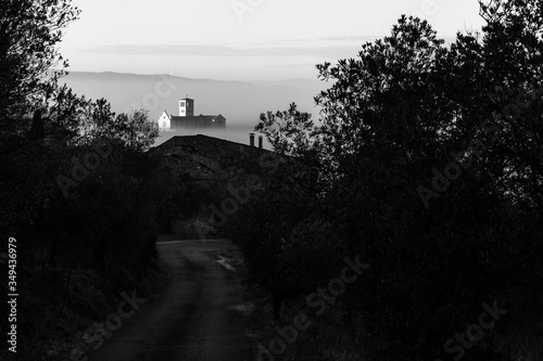 Surreal and uncommon view of St.Francis church in Assisi town (Umbria) over a sea of fog, at the end of a road in the middle of trees
