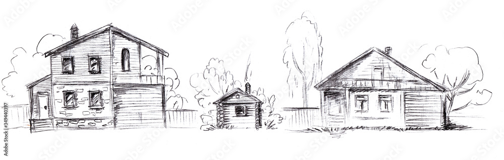 Pencil sketch on the theme of two village houses with a fence and a log bath