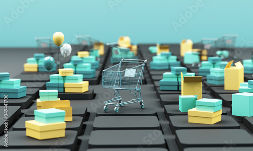 shopping cart on a keyboard with shopping bag and credit card, e-commerce or electronic commerce is a transaction of buying or selling goods or services online over the internet 3d rendering