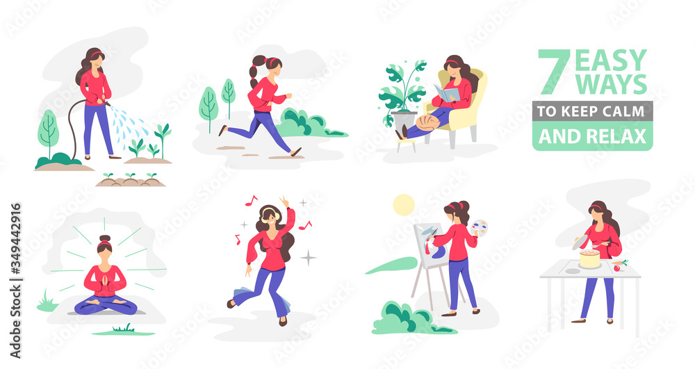 7 ways to keep calm and relax. Set of people gardening, cooking, dancing, reading, painting, meditating, running.  Daily activity or hobbie. Flat style vector illustration