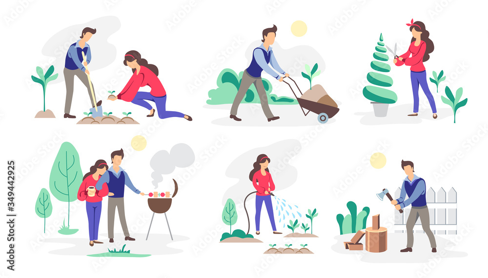  Set of people working in the garden. Mental health. Daily activity or hobbie. Flat style vector illustration