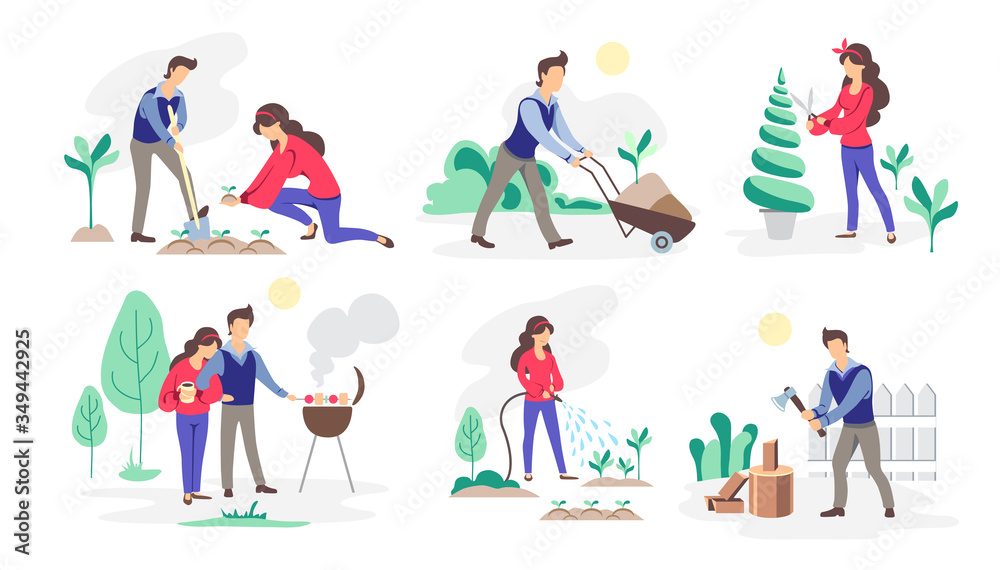 Fototapeta premium Set of people working in the garden. Mental health. Daily activity or hobbie. Flat style vector illustration