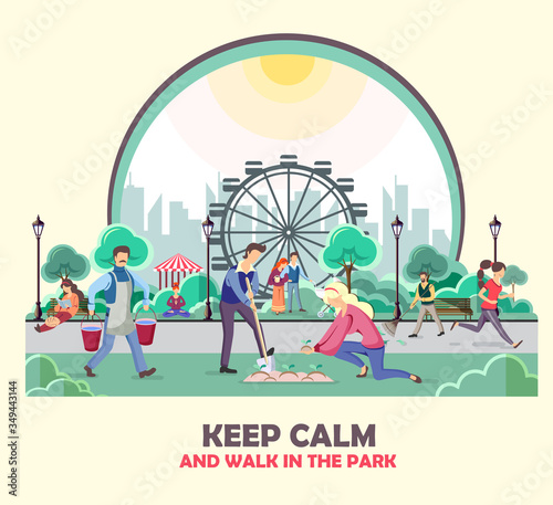 Different people walking in the park. Urban city landscape. Flat style vector illustration