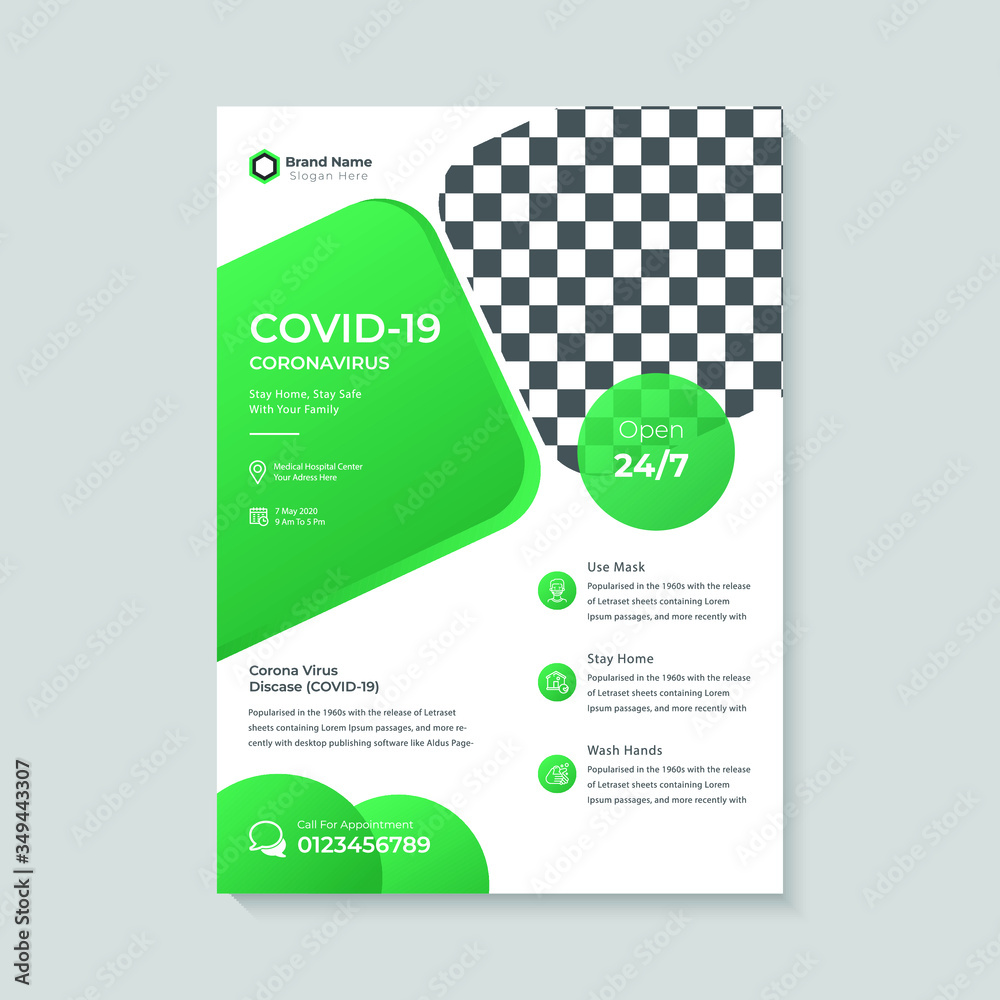 Medical flyer health care cover template design for coronavirus and medical poster design, Novel coronavirus epidemic. Stop coronavirus. Pandemic alert. Vector illustration. Covid-19 Flyer. 