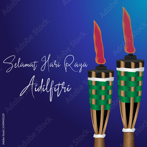 Selamat Hari Raya greetings vector with Pelita or Bamboo oil lamp decoration. Selamat Hari Raya Aidifitri is malay greetings for eid mubarak