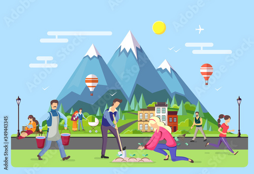 Different people walking in the park. Mountain village landscape. Flat style vector illustration