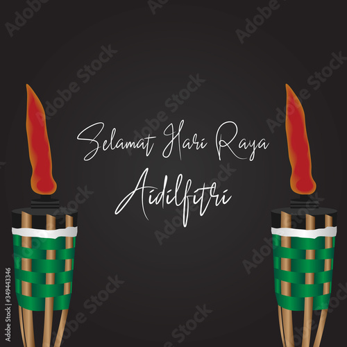 Selamat Hari Raya greetings vector with Pelita or Bamboo oil lamp decoration. Selamat Hari Raya Aidifitri is malay greetings for eid mubarak