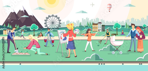 Different people walking in the park. Mountain village landscape. Flat style vector illustration