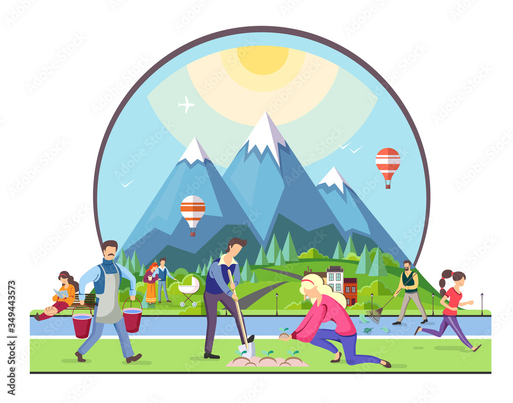 Fototapeta premium Different people walking in the park. Mountain village landscape. Flat style vector illustration