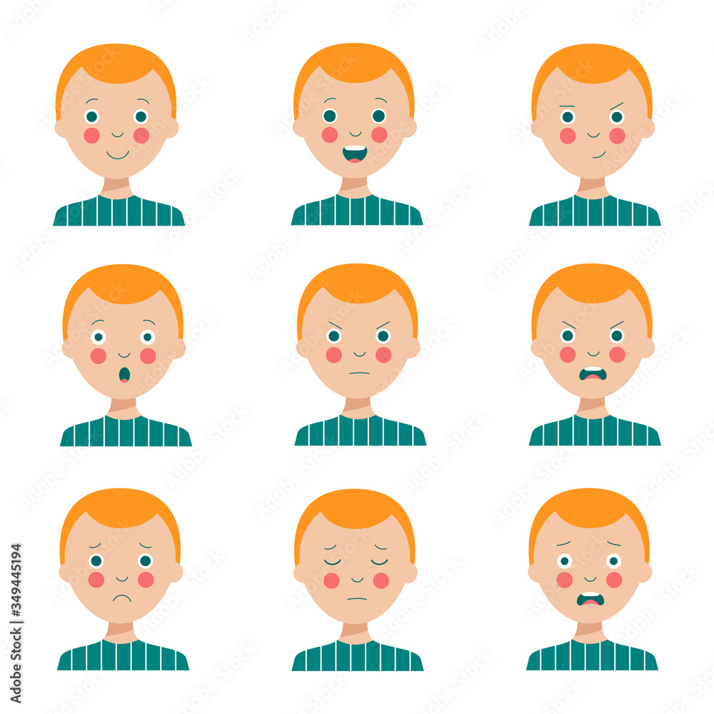 Set of various facial expressions of cute cartoon red haired boy. Set of various facial expressions of cute cartoon red haired boy.