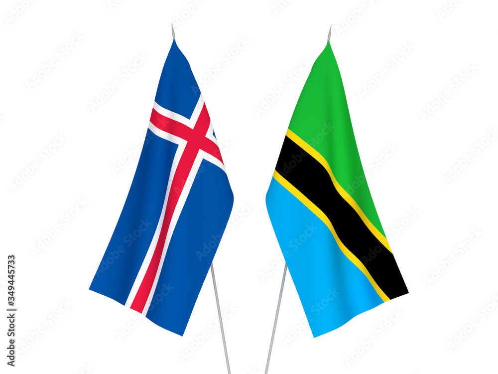 National fabric flags of Tanzania and Iceland isolated on white background. 3d rendering illustration.