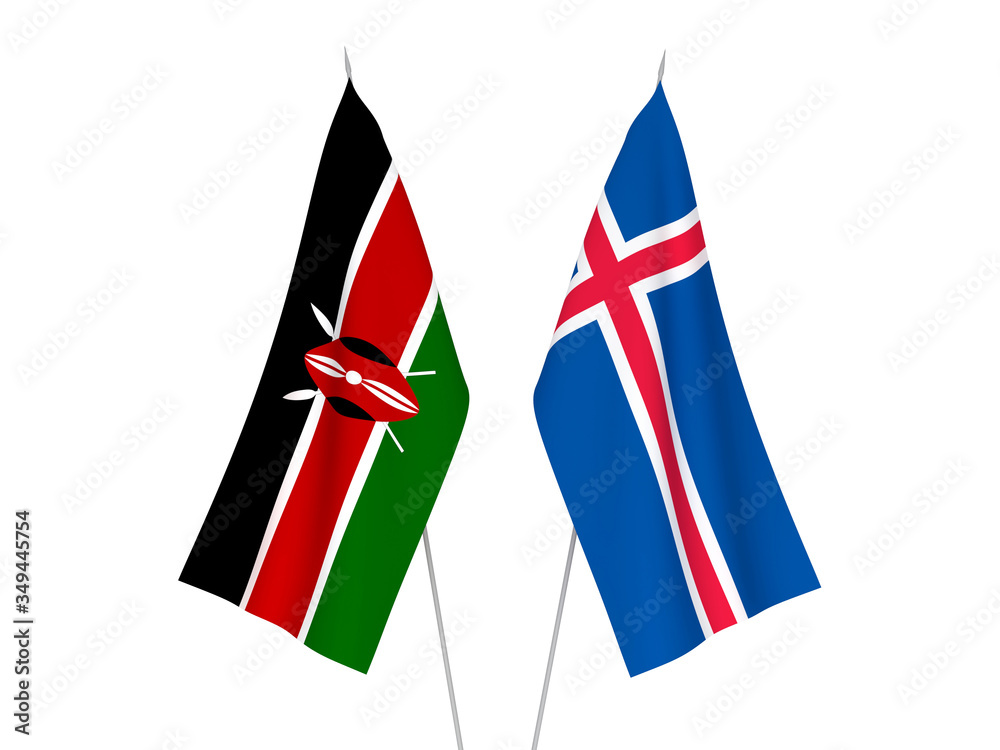 National fabric flags of Kenya and Iceland isolated on white background. 3d rendering illustration.