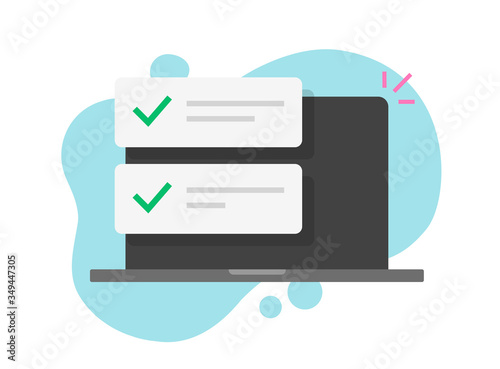 Notification messages on computer laptop with or pc with approved check list vector flat cartoon isolated, illustrated computer screen with online notices or updated task modern design image
