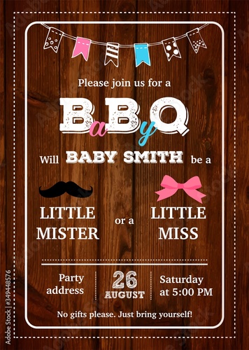 Gender reveal BBQ party invitation card vector design