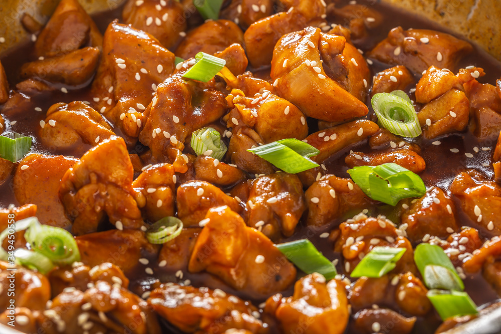 Detail of Asian style cooked chicken with spring onions and seesame seeds