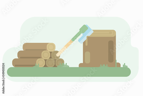 Ax and armful of firewood, flat background. An ax stuck in a stump and firewood for cutting on the grass of the yard.