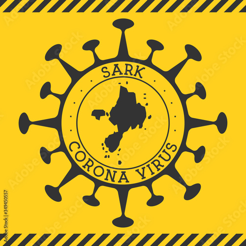 Corona virus in Sark sign. Round badge with shape of virus and Sark map. Yellow island epidemy lockdown stamp. Vector illustration.