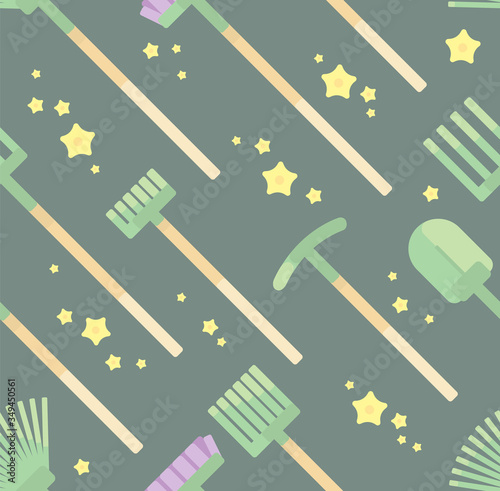 Dark pattern with the image of a rake, a pickaxe. Shovels and mops that clean and decorate the flower garden. wrapping paper.