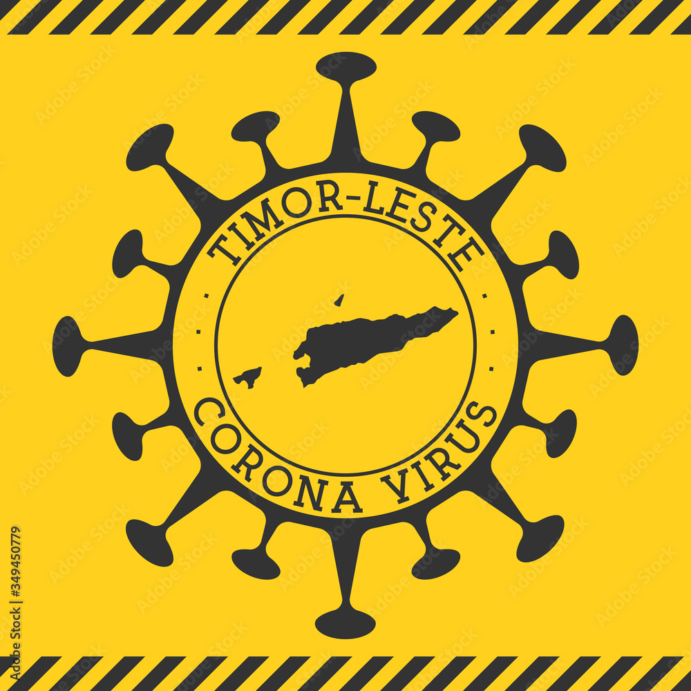 Corona virus in Timor-Leste sign. Round badge with shape of virus and Timor-Leste map. Yellow country epidemy lock down stamp. Vector illustration.