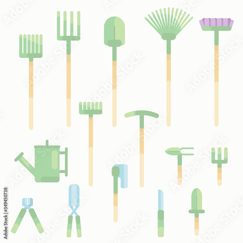 Set of garden tools on a white background: shovel, pitchfork, rake, fan rake, pickaxe, mop, long rake, watering can, hoe, nippers, indicator, knife, dagger, trident,