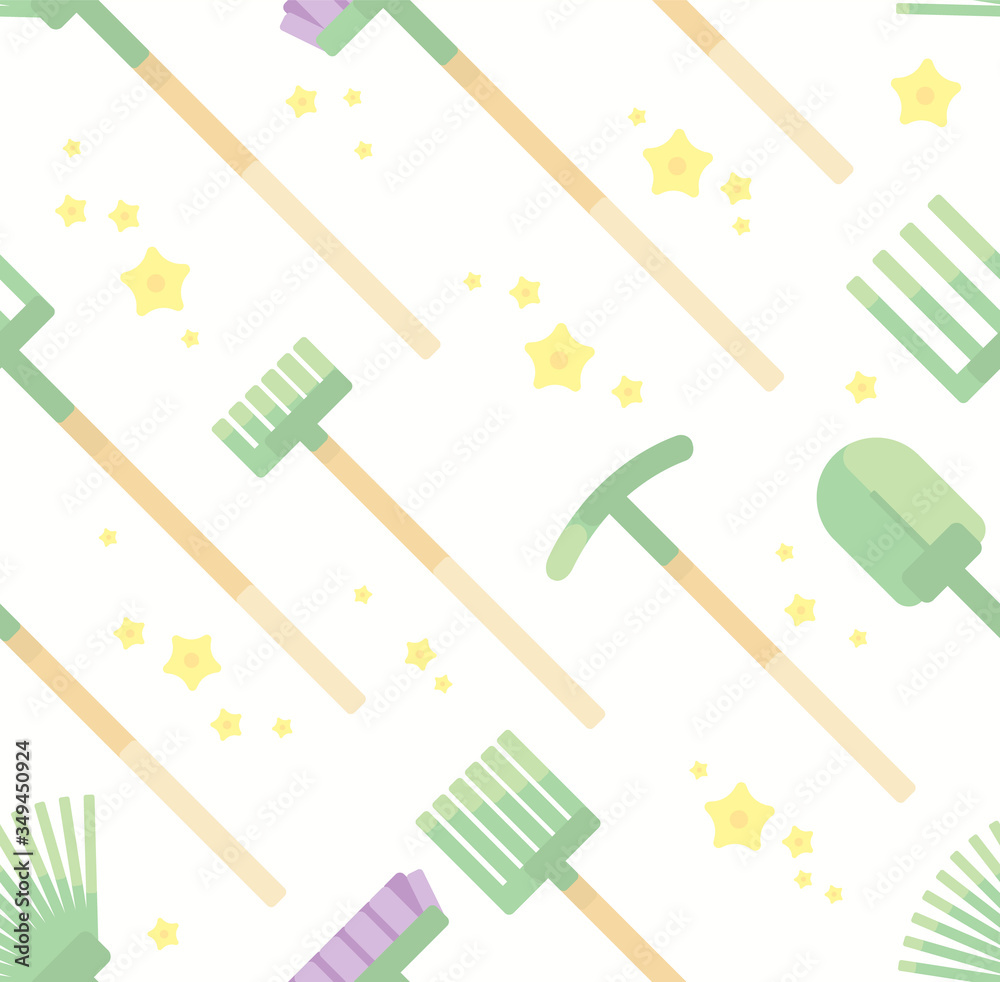 A light pattern with the image of a rake, pickaxe. Shovels and mops that clean and decorate the flower garden. Brown paper. A light pattern with the image of a rake, pickaxe. Shovels and mops that clean and decorate the flower garden. Brown paper.