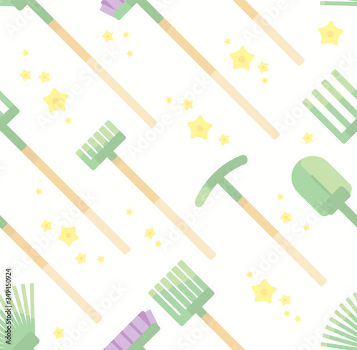 A light pattern with the image of a rake, pickaxe. Shovels and mops that clean and decorate the flower garden. Brown paper.