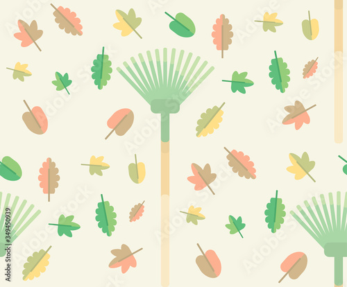 Pattern of fan rake unbending autumn leaves. Wrapping.