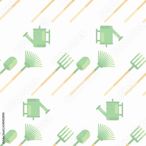 Garden tools pattern with watering can, spade, fan rake and pitchfork.