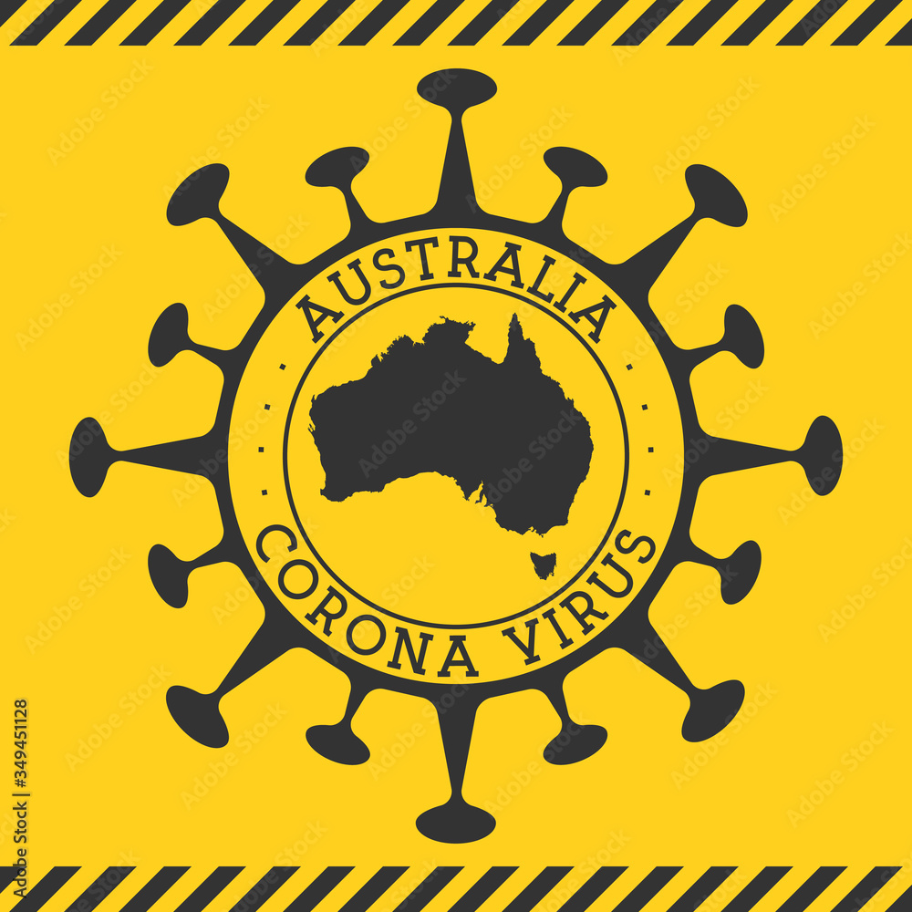 Corona virus in Australia sign. Round badge with shape of virus and Australia map. Yellow country epidemy lock down stamp. Vector illustration.