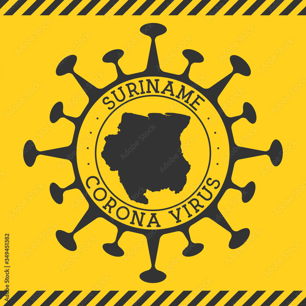 Corona virus in Suriname sign. Round badge with shape of virus and Suriname map. Yellow country epidemy lock down stamp. Vector illustration.