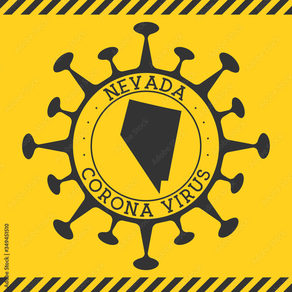Corona virus in Nevada sign. Round badge with shape of virus and Nevada map. Yellow us state epidemy lock down stamp. Vector illustration.