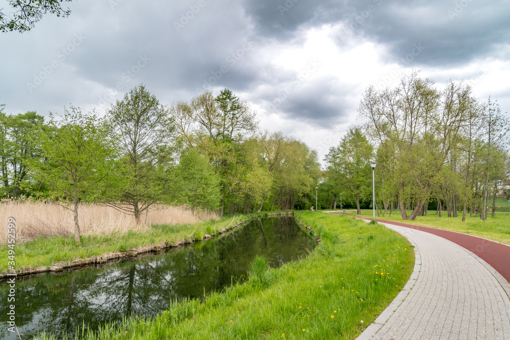 Radunia canal and walking and cycling path in Pruszcz Gdanski.
