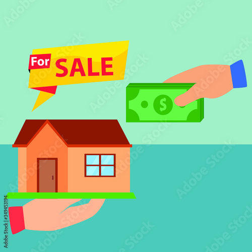 House for Sale vector concept: hands exchanging house and money icons