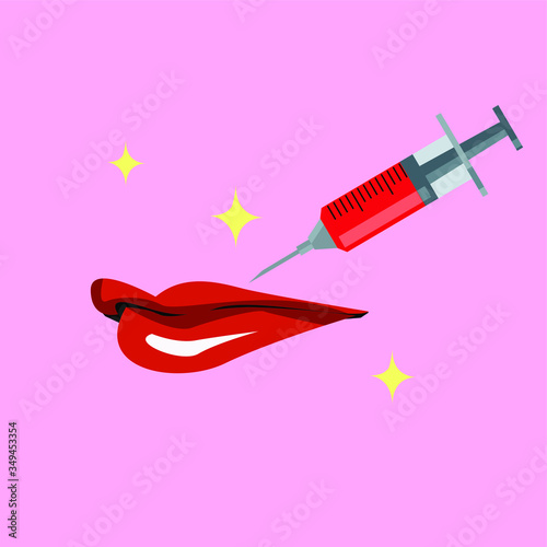 Lips injection vector concept with red liquid filled syringe injecting red glittering lips over pink background