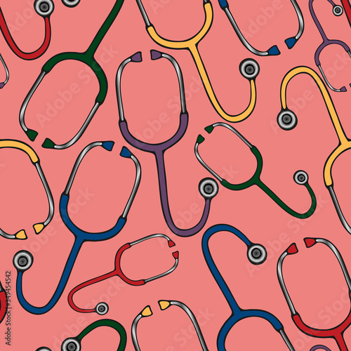 A stethoscope is a medical diagnostic device. Seamless vector pattern. Ornament on an isolated coral background. Cartoon style. Health topics. Doctor's tool. Idea for cover, cover, wallpaper.
