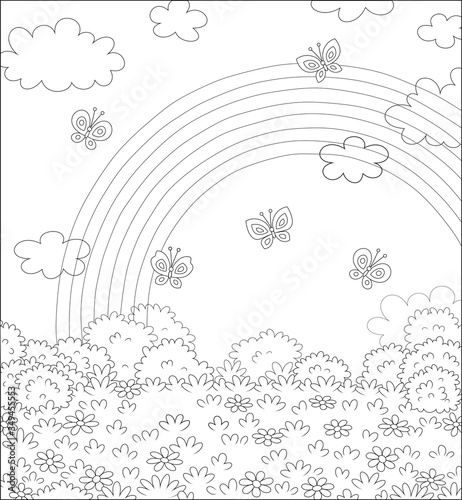 Bright rainbow in the sky and cheerful butterflies flittering over a field with beautiful flowers on a pretty summer day after warm rain, black and white vector cartoon illustration