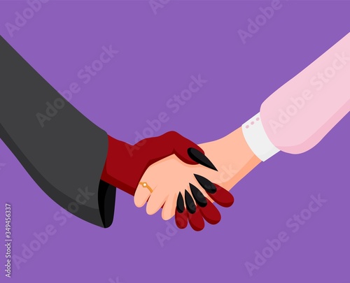 Businesswoman handshake with devil. Successful deal agreement with evil woman shakes demons vector hand pact for sale souls sake clipart money power.