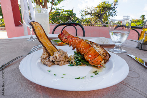Canvas Print Grilled lobster is beautifully placed on a plate along with a side dish of mashed potatoes, fried banana, vegetables, rice and a glass of cocktail
