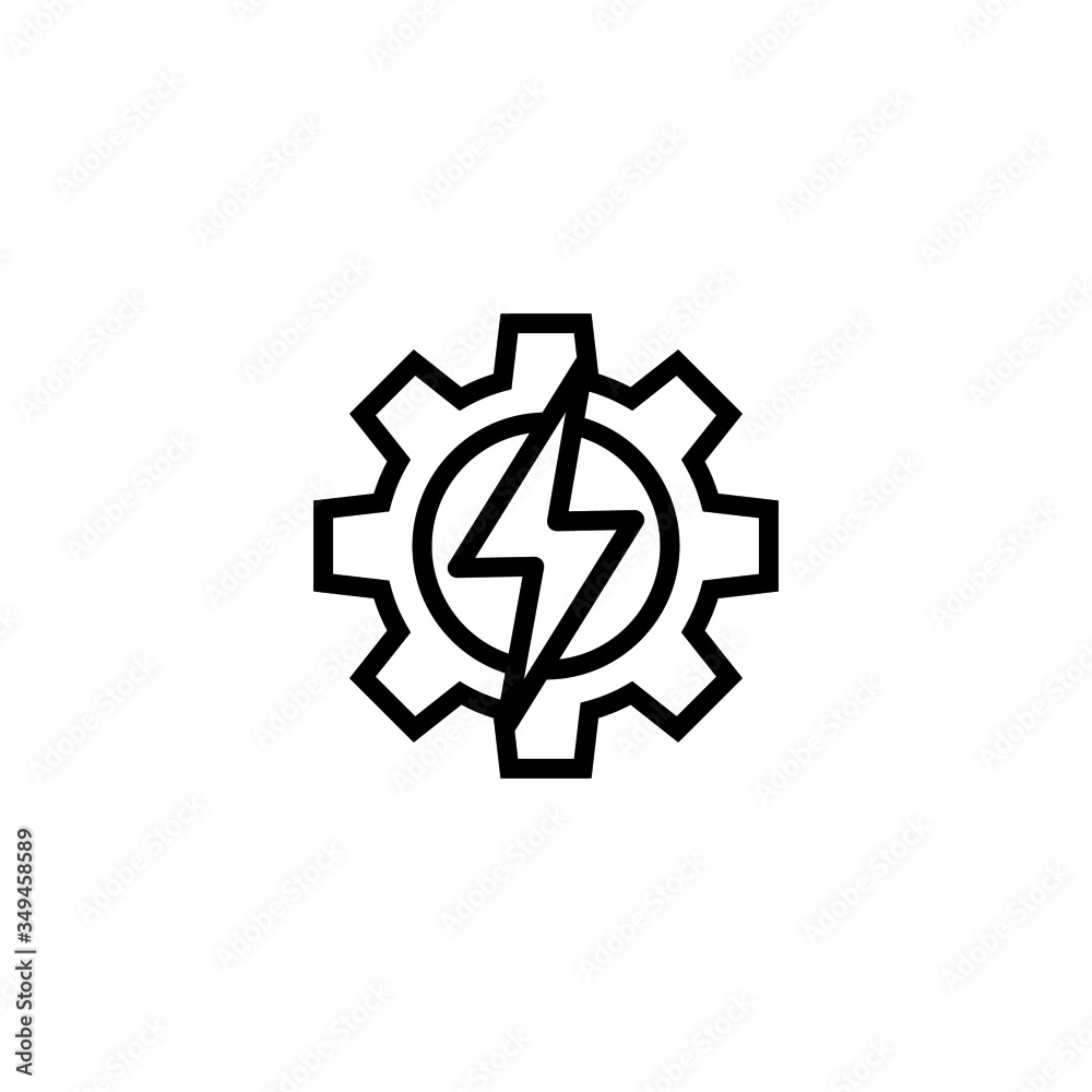Gear with lightning in outline style on white background, web icon design Power energy sign, Vector illustration