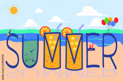 Summer typographic vector concept: Summer poster design with orange juice, balloons, people diving and surfing