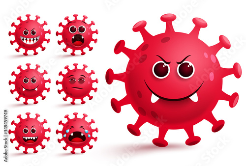 Corona-virus emojis vector set. Red covid-19 virus smiley emojis and emoticons with scary facial expression for global outbreak design elements. Vector illustration.    

