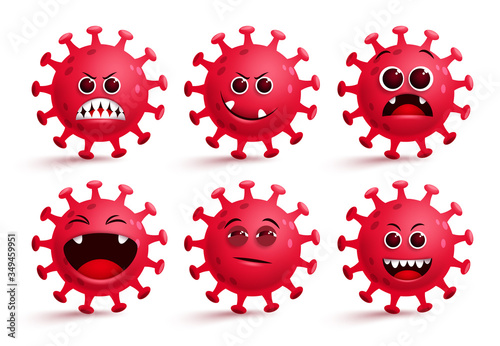 Coronavirus covid-19 emoji vector set. Covid19 ncov virus smileys emoji with red scary, surprise and naughty facial expressions for global pandemic outbreak collection isolated in white.