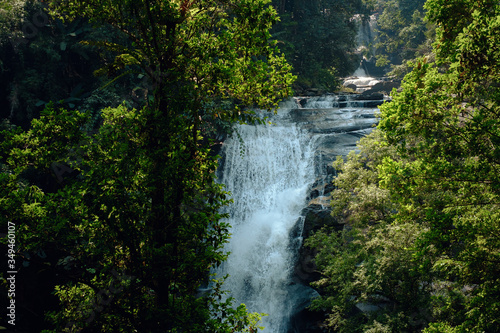 stunning view of the waterfall through green forest