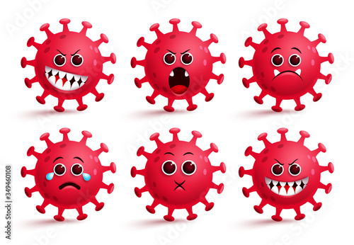 Covid-19 coronavirus emoji vector set. Covid-19 corona virus smileys emoji and emoticon with surprise, angry and scary expressions for ncov bacteria collection isolated in white. Vector illustration  