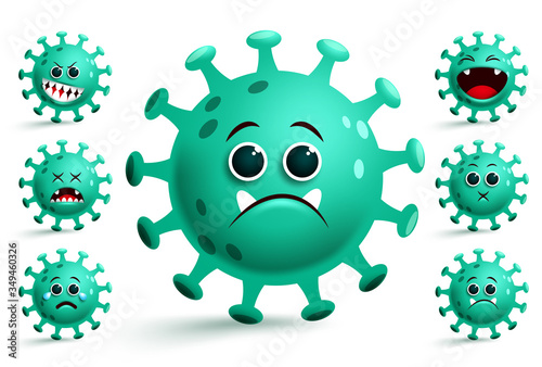 Corona virus emoji smiley vector set. Covid-19 coronavirus smileys emojis and emoticons with sad facial expression for disease outbreak isolated in white background. Vector illustration. 