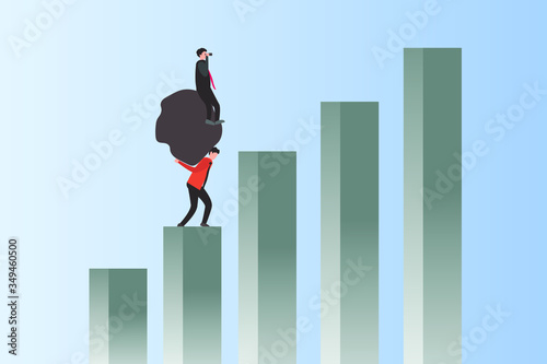 Business growth vector concept: businessman carrying a big rock boulder with his business partner sitting on it while climbing a business bar chart