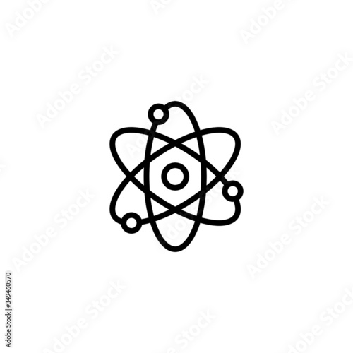 Atom icon in outline style on white background. Symbol of science, education, nuclear physics, scientific research. Electrons and protonssign
