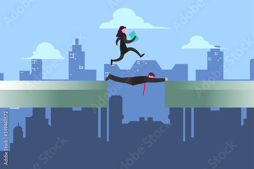 Business teamwork vector concept: businessman lying and hanging on the pillars while his business partner crossing over